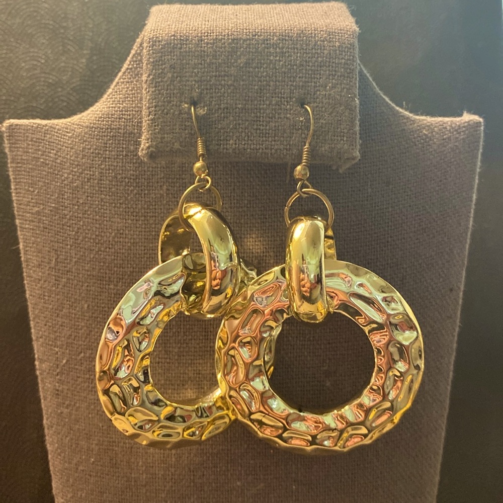 Dangling Acrylic circle chased Gold tone pierced Earrings